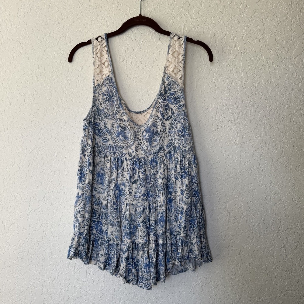 Free People Tank Top Small Floral Linen Cotton Tiered Lace Boho Blue White Beach - Picture 3 of 8